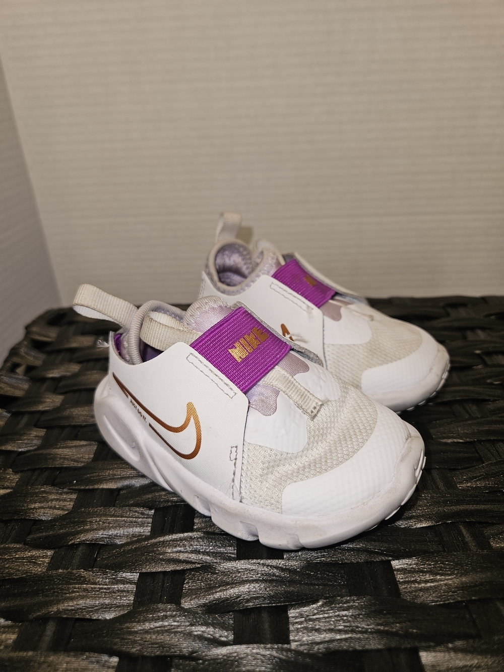 Nike White Toddler Sneakers with Purple Strap and Gold Swoosh
